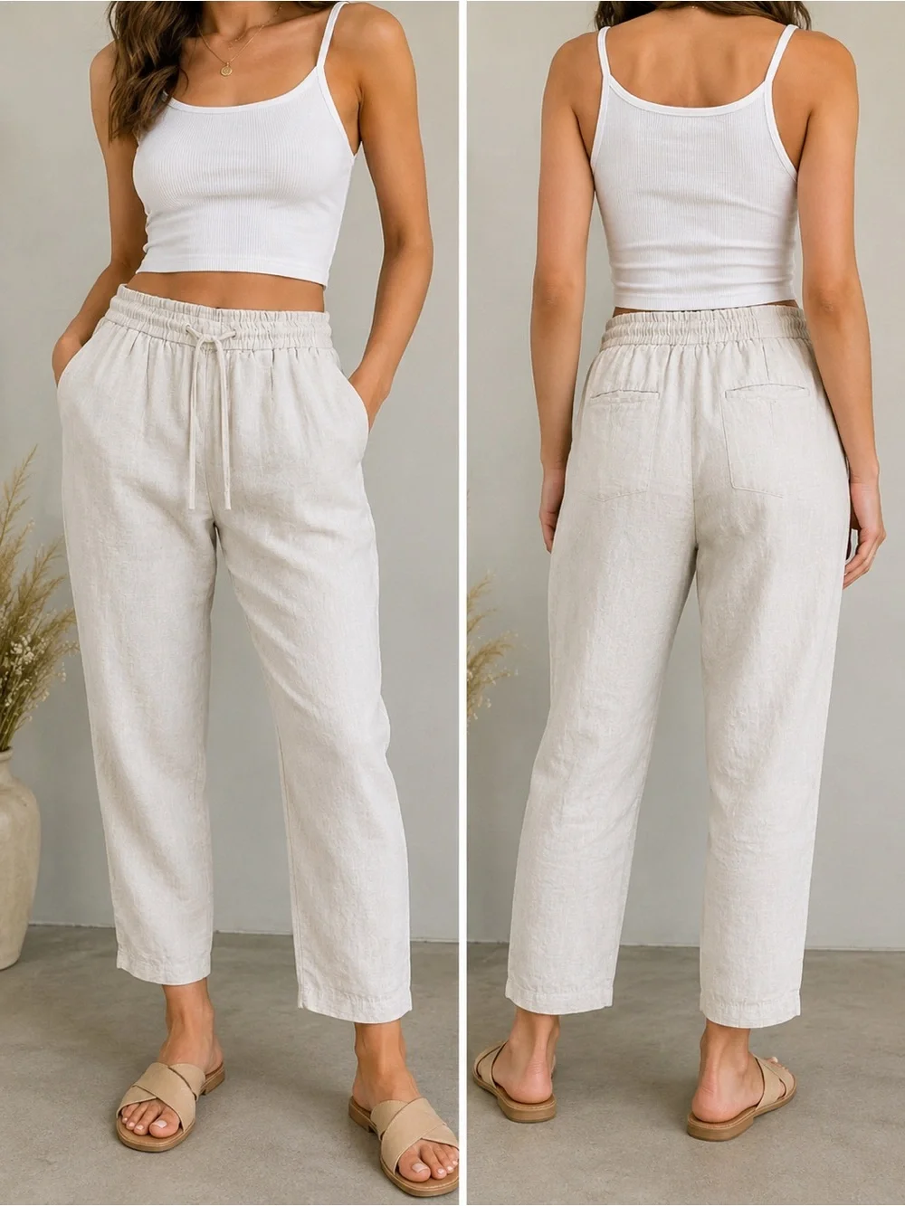 Zara Linen Blend Drawstring Pants Size M Beige Oatmeal